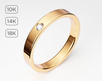 3mm Yellow Gold Diamond Band, Flush Set Single Diamond Flat Band, Women's Wedding Band, Engagement Ring, 10K 14K 18K Solid Gold
