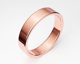 4mm 14K Rose Gold Band, Flat Men's Women's Unisex Gold Wedding Band, Plain Simple Gold Band, Flat Wedding Ring Band for Her, Solid Gold