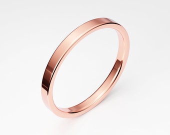 2mm 14K Rose Gold Band, Flat Wedding Band, Solid Gold, Plain Dainty Women's Wedding Ring Band for Her, Tiny Thin Gold Wedding Band for Women