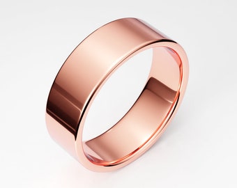 6mm 14K Rose Gold Wedding Band Men's Women's Unisex, Simple Flat Gold Band, Plain Wide Gold Wedding Ring Band, Men Women, Solid Gold