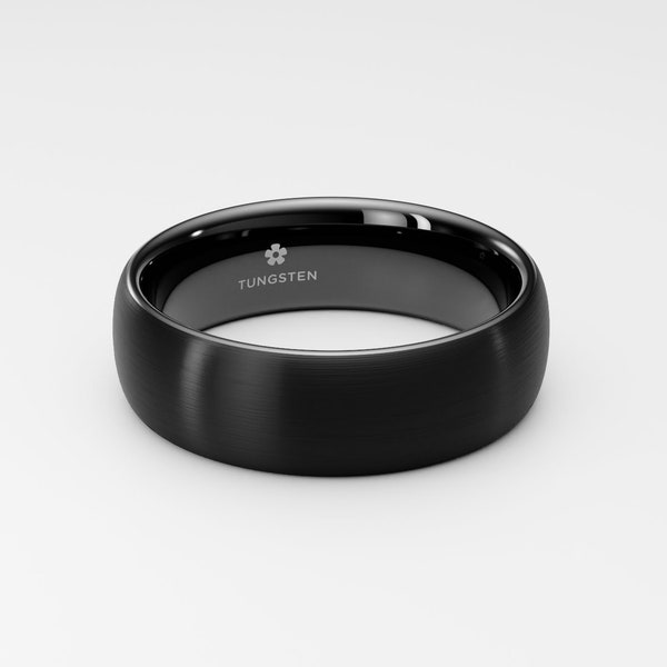 Black Tungsten Ring Band with Free Engraving, 6mm or 8mm Domed Band, Brushed Matte Finish Black Band, Women's Men's Tungsten Wedding Band
