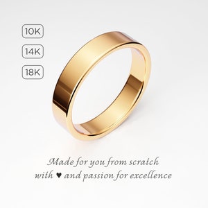 4mm Solid Gold Wedding Band, Flat Simple Yellow Gold Band, Men&#39;s Women&#39;s Unisex Plain Gold Band, Flat Wedding Ring 10K 14K 18K Solid Gold