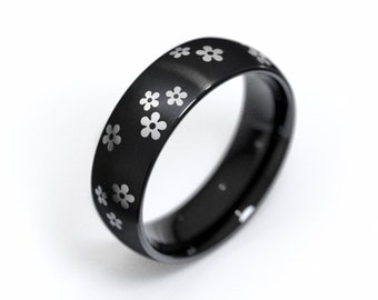 Cherry Blossom Ring Band, Sakura Ring, Black Tungsten Ring Band, Women's Flower Ring Band, Brush Finish, 6mm Wide Floral Ring Band For Her
