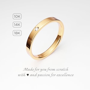 Dainty Diamond Band, 2.5mm Tiny Flat Flush Set Diamond Wedding Band, Women&#39;s Wedding Engagement Anniversary Ring 10K 14K 18K Solid Gold