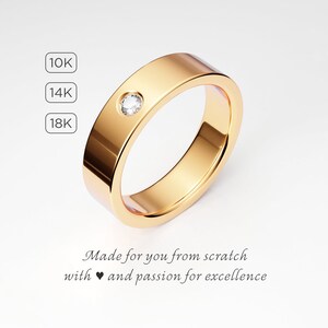 5mm Yellow Gold Men&#39;s Diamond Wedding Band, Simple Flat Gold Band, Thick Gold Band with One Single Diamond, 10K 14K 18K Solid Gold
