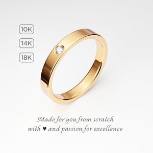 3mm Yellow Gold Diamond Band, Flush Set Single Diamond Flat Band, Women&#39;s Wedding Band, Engagement Ring, 10K 14K 18K Solid Gold