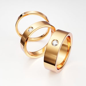 14K Yellow Gold Diamond Band, Women&#39;s Men&#39;s Diamond Ring, Flat Wedding Engagement Anniversary Ring, One Single Diamond Ring, Solid Gold