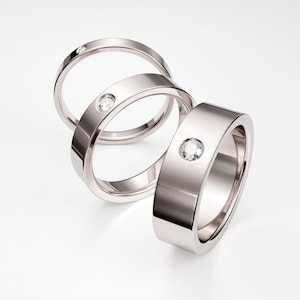 14K White Gold Band with One Diamond, Women's Men's Diamond Ring, Simple Flat Wedding Engagement Anniversary Ring, Single Diamond Ring Band