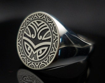 Men's Signet Ring, Custom Design Ring in Solid Sterling Silver Engraved with Your Own Custom Symbol Artwork, Maori Ring, Polynesian Ring