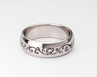 Heavy Floral Ring Band in Gold or Sterling Silver. Engraved Floral Wedding Ring, Seamless Vines Scrolls Flourish Design