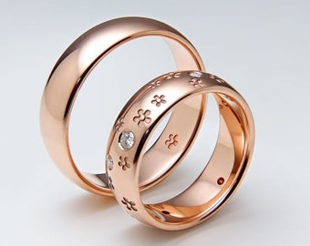 Sakura Cherry Blossoms Floral Wedding Bands Set in Solid 14K Rose Gold & Diamonds, Matching Wedding Bands, Unique Floral Wedding Rings Set