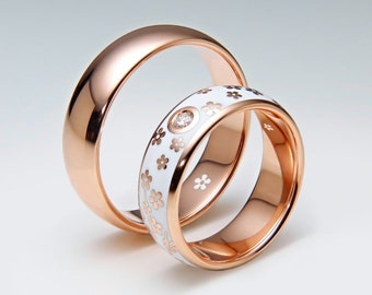 Cherry Blossom Ring Bands Set in 14K Rose Gold, Unique Floral Rings, Sakura Ring with One Diamond, Wedding Anniversary Matching Ring Bands