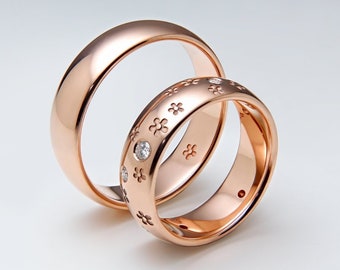Matching Wedding Bands Set, His and Hers Diamond Wedding Bands, 14K Rose Gold, Unique Floral Wedding Ring Set, Cherry Blossom, Sakura Ring