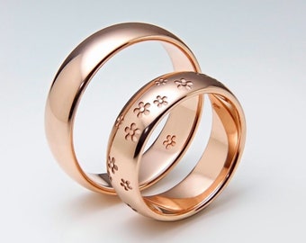 Matching Wedding Bands Set, His and Hers Wedding Bands, 14K Rose Gold, Unique Floral Wedding Ring Set, Cherry Blossom Rings, Sakura Ring Set