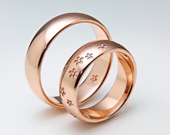 Conjunto de anillos de boda con diseño de flor de cerezo: alianzas a juego de oro rosa de 14 quilates con diseño de sakura, alianzas de boda florales únicas para él y para ella.