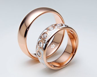 Matching Wedding Bands Set, His and Hers Diamond Wedding Bands in 14K Rose Gold, Unique Sakura Floral Wedding Ring Set, Cherry Blossom