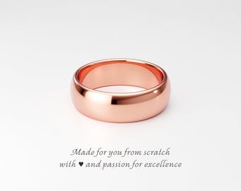 6mm 14K Rose Gold Wedding Band: Classic Dome Unisex Ring. Plain Traditional Regular Fit