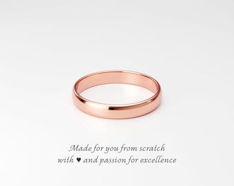 3mm 14K Rose Gold Wedding Band: Women's Classic Low Dome. Half Round Regular Fit Ring