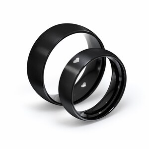Tiny Heart Promise Rings Set, Black Tungsten Bands with Brushed Matte Finish, Heart Rings, 6mm or 8mm Comfort Fit Domed Matching Ring Bands