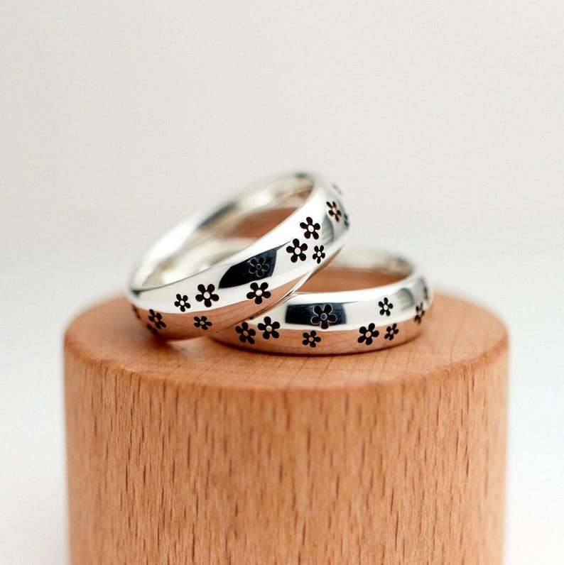 Floral Sterling Silver Ring Band: Black Cherry Blossom Flowers Ring with Free Personalization image 6