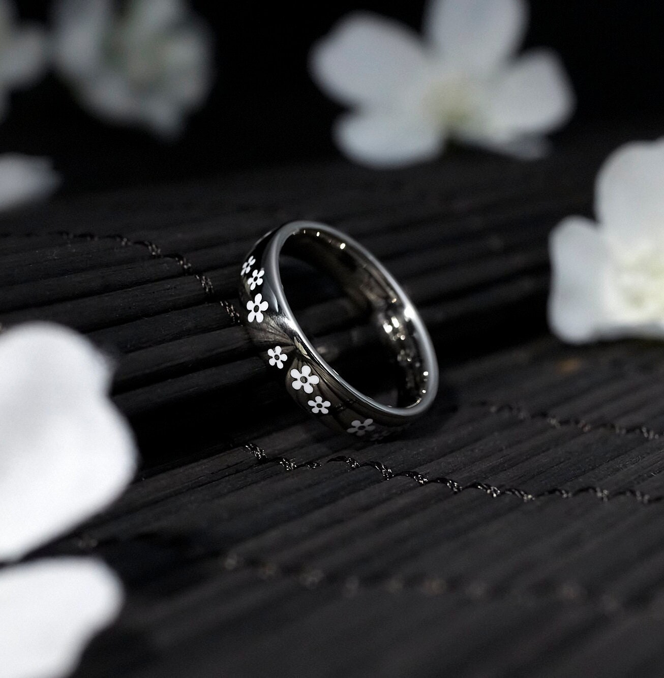 White Cherry Blossoms on Gold Ring Band, Sakura Ring, Unique White Statement Ring with Flowers, Women's Floral Ring with White Ceramic Inlay