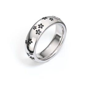 Floral Sterling Silver Ring Band: Black Cherry Blossom Flowers Ring with Free Personalization image 1
