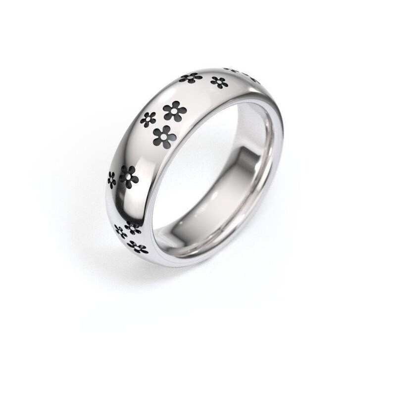 Floral Sterling Silver Ring Band: Black Cherry Blossom Flowers Ring with Free Personalization image 1