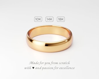 Men's Solid Gold Wedding Band: 5mm 10K 14K 18K Yellow Gold, Plain Classic Dome Ring