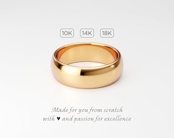 10K 14K 18K Solid Gold Wedding Band: 6mm Classic Dome, Polished Rounded Traditional Yellow Plain Unisex Ring