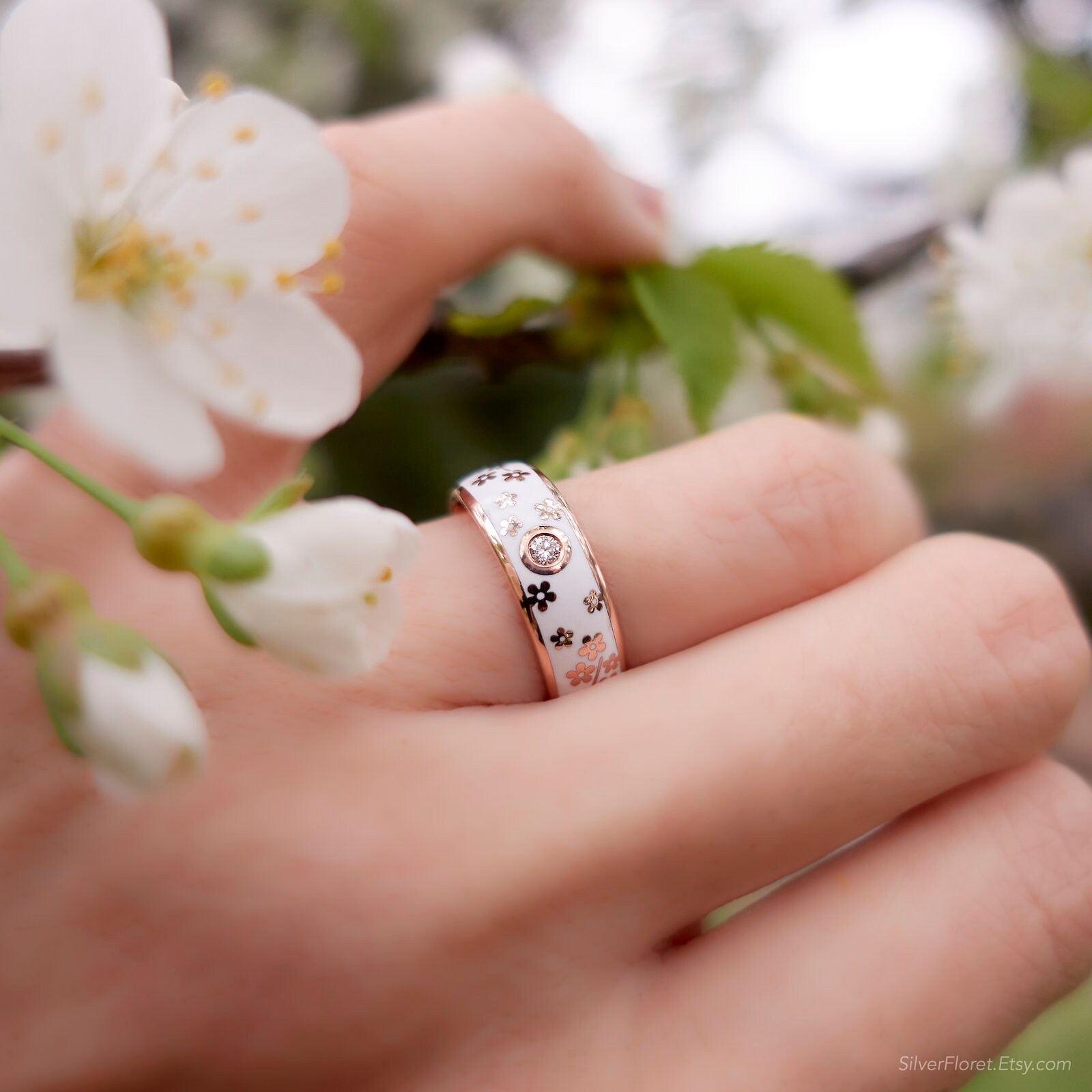 Cherry Blossom Ring Bands Set in 14K Rose Gold, Unique Cherry Blossom Ring Bands Set in 14K Rose Gold, Unique
