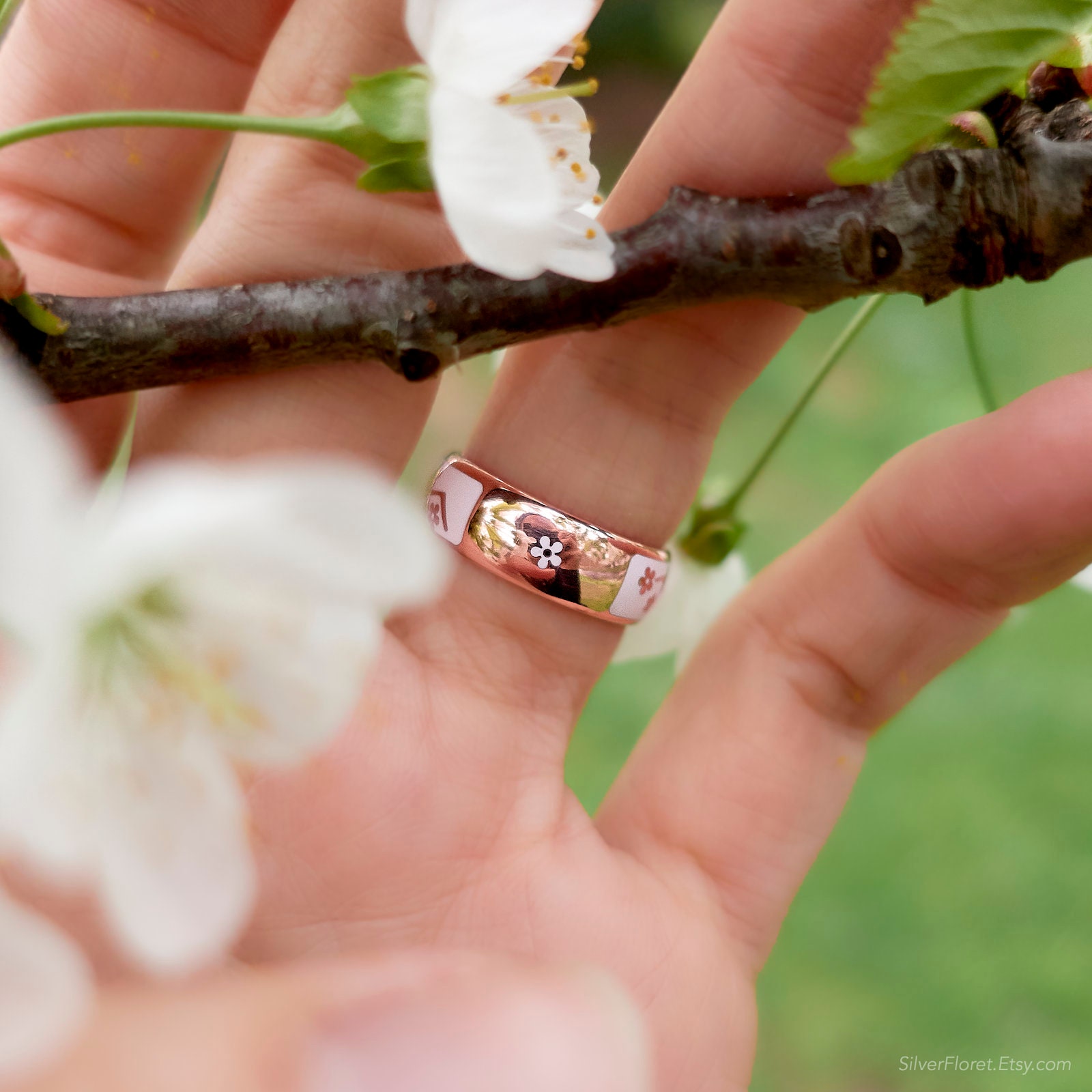 Cherry Blossom Ring Bands Set in 14K Rose Gold, Unique Cherry Blossom Ring Bands Set in 14K Rose Gold, Unique