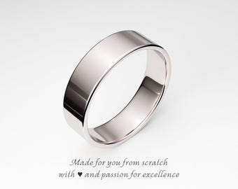 Men's 14K White Gold Wedding Band: 6mm Flat Solid Gold Ring for Him, Plain White Gold Ring for Men