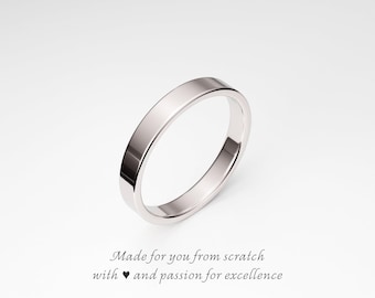 14K White Gold Wedding Band: 3mm Flat Plain Simple Solid Gold Ring, Unplated White Gold
