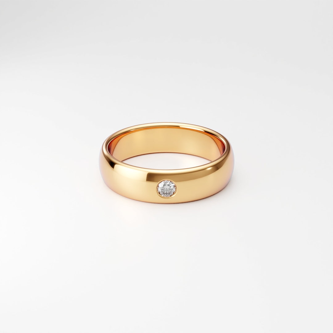5mm Yellow Gold Diamond Band, Men's Wedding Ring, One Single Diamond ...