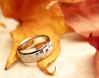 Anillo de oro blanco con flores de cerezo, anillo Sakura, anillo blanco único con flores