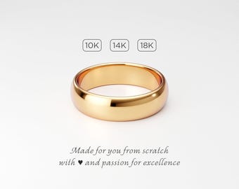 10K 14K 18K Solid Gold Wedding Band: 5mm Classic Dome, Polished Rounded Traditional Yellow Plain Unisex Ring