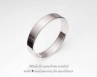 Men's 14K White Gold Wedding Band: 4mm Flat Solid Gold Ring, Plain Simple White Gold Ring for Him