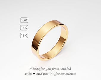 10K 14K 18K Gold Wedding Band: 4mm Flat Solid Gold Ring, Men's Women's Plain Gold Ring, Yellow Gold
