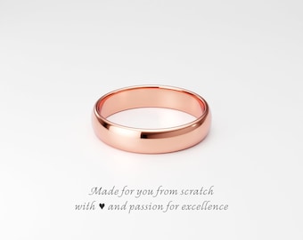 4mm 14K Rose Gold Wedding Band: Unisex Classic Rounded Dome. Traditional Regular Fit, Plain, Polished