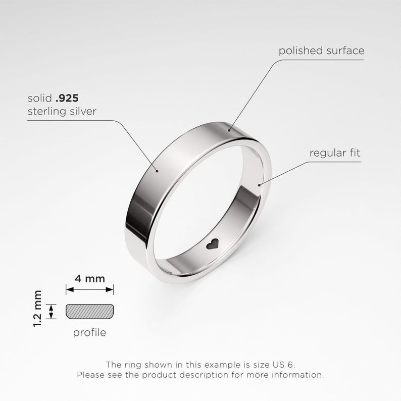 Promise Ring for Him: 4mm Flat Sterling Silver Ring Band with a Tiny Heart, Engagement Ring for Men, Love Ring, Boyfriend, Mens Promise Ring image 3