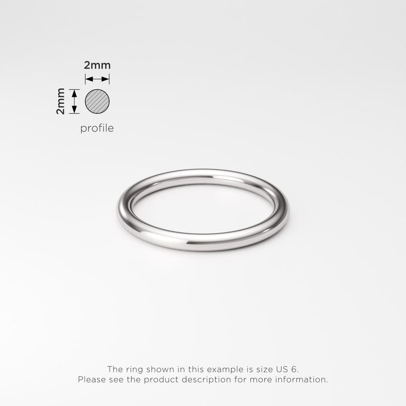 2mm Solid 950 Platinum Round Band: Plain Simple Wedding Band, Polished or Matte Finish image 2