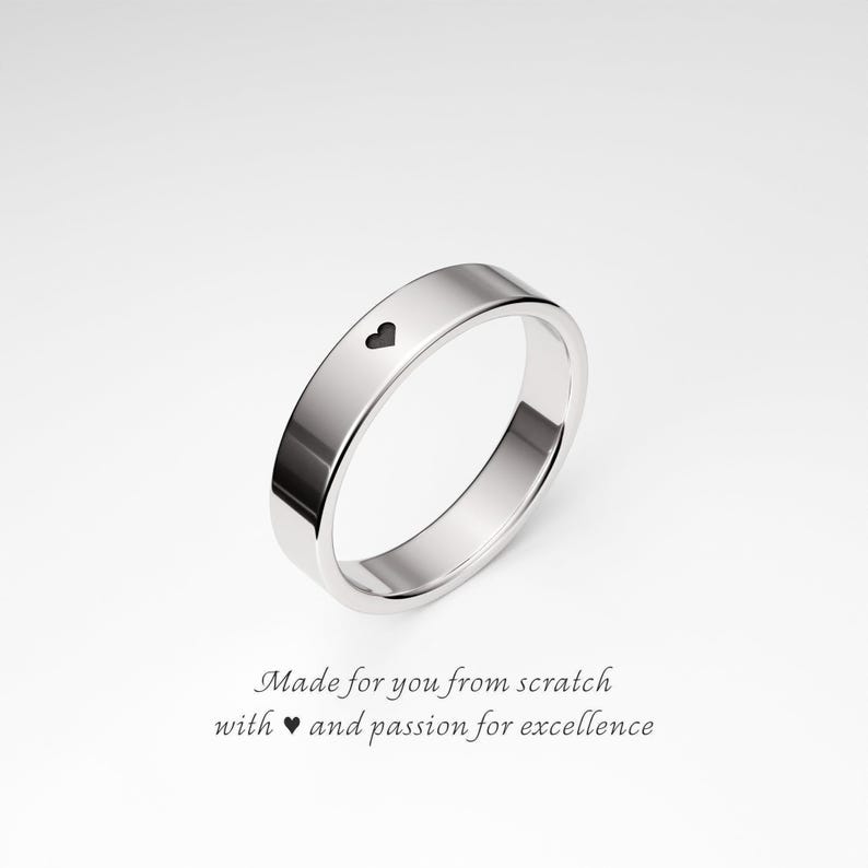 Promise Ring for Him: 4mm Flat Sterling Silver Ring Band with a Tiny Heart, Engagement Ring for Men, Love Ring, Boyfriend, Mens Promise Ring Outside