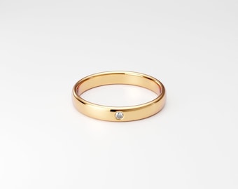 Delicada alianza de boda con un solo diamante, anillo de compromiso minimalista alternativo, delicado anillo de aniversario para mujer de 3 mm en oro amarillo macizo de 10, 14 y 18 quilates.