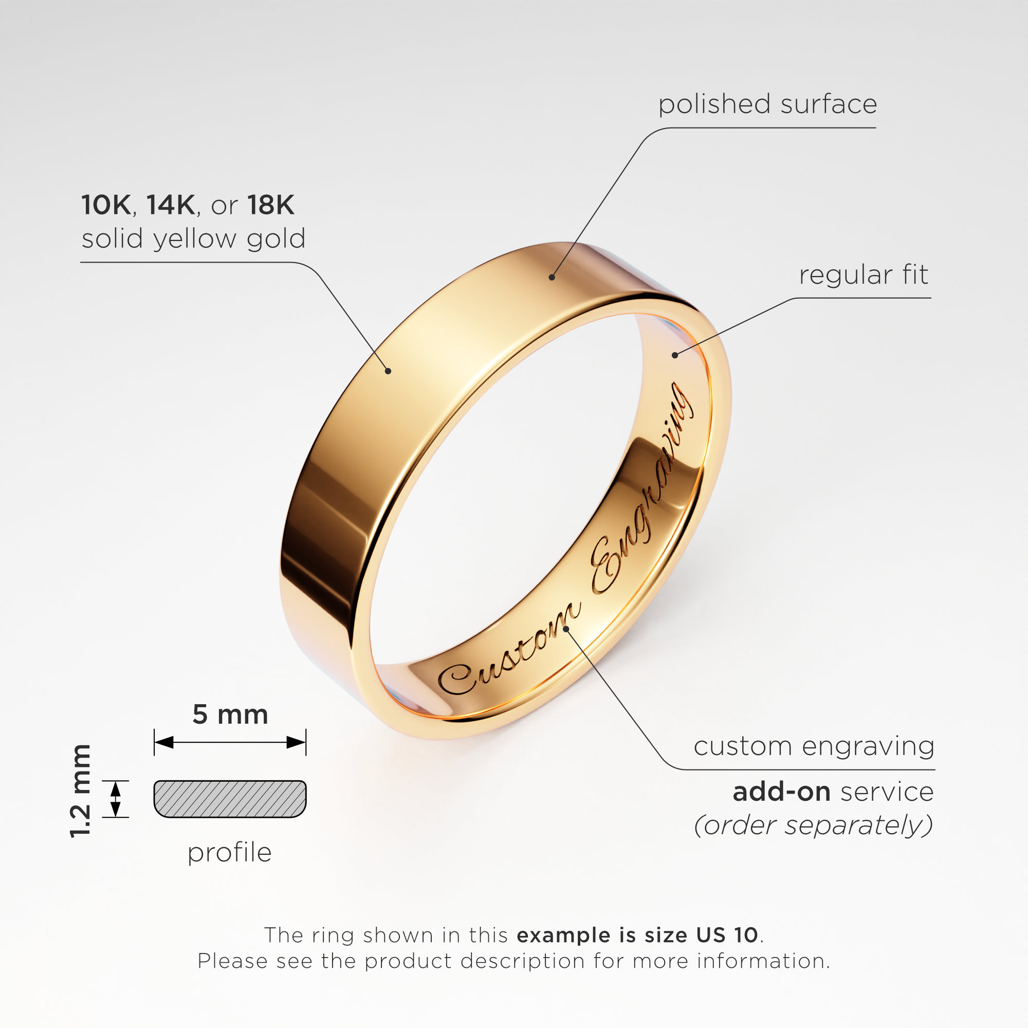 Solid 14k Yellow Gold 5mm Flat Wedding Band