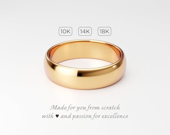 Men's Solid Gold Wedding Band: 6mm 10K 14K 18K Yellow Gold, Plain Classic Dome Ring
