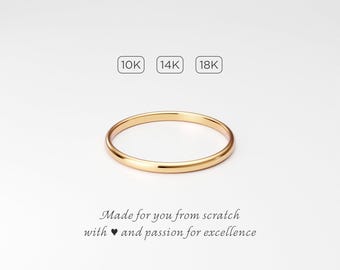 10K 14K 18K Ultra Thin Yellow Gold Ring: Minimalist Plain Solid Dome, Tiny Stacking Midi Band