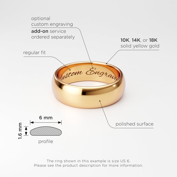 6mm Solid Gold Band 10K 14K 18K Men's Women's Plain Rounded Dome Yellow  Gold Band, Traditional Wedding Band, Classic Wedding Ring Band