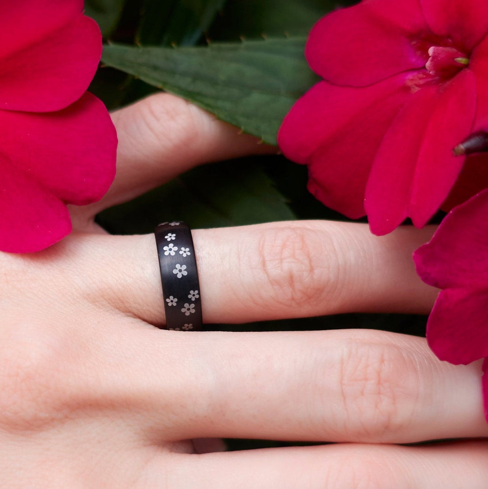 Cherry Blossom Sakura Rings Set Black Tungsten Bands with Etsy