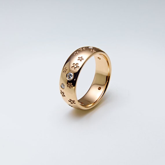 Cherry Blossoms and Diamonds Ring, 14K Gold, Custom Women's