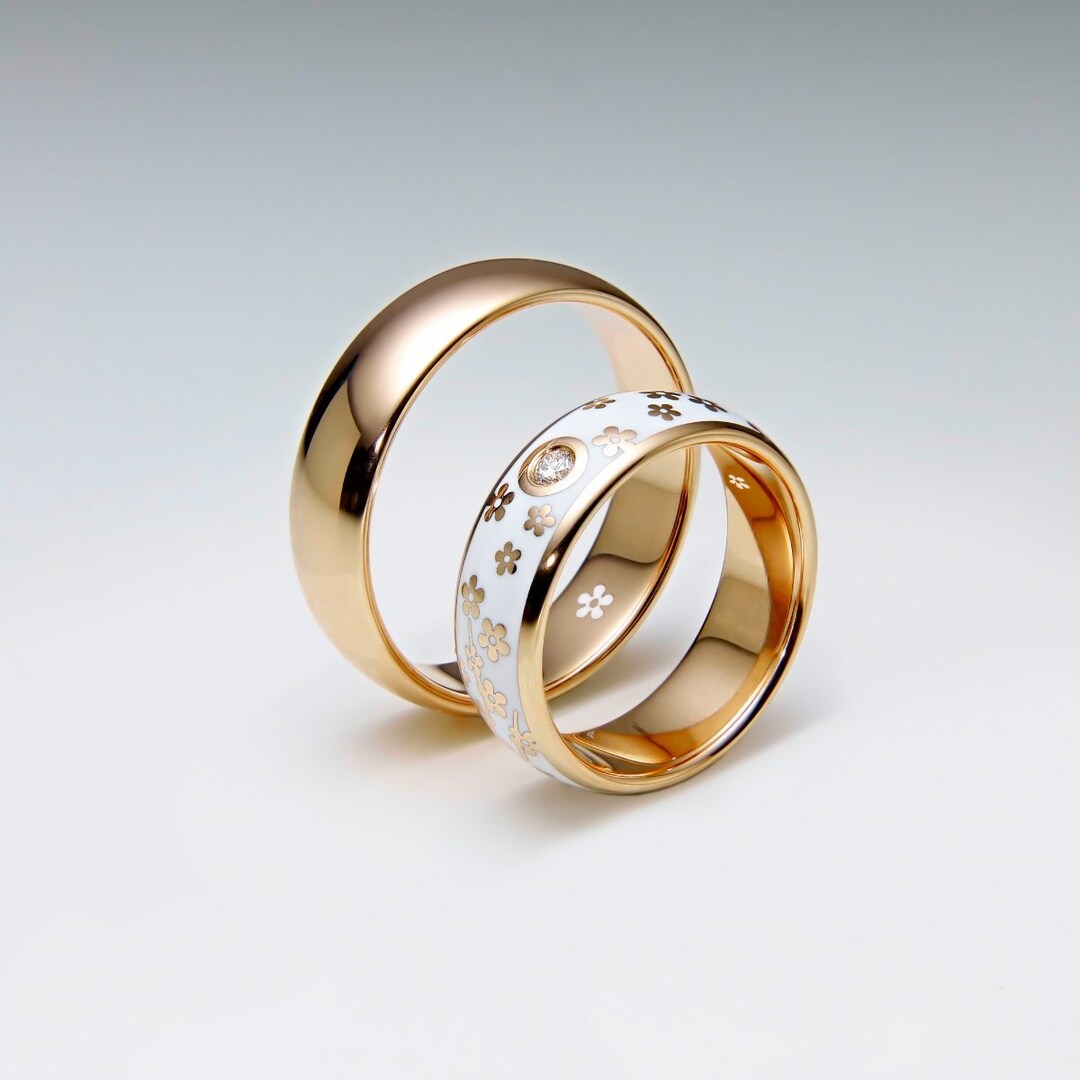 Matching Ring Bands Set, Cherry Blossom Ring, Sakura Ring, His and Hers ...